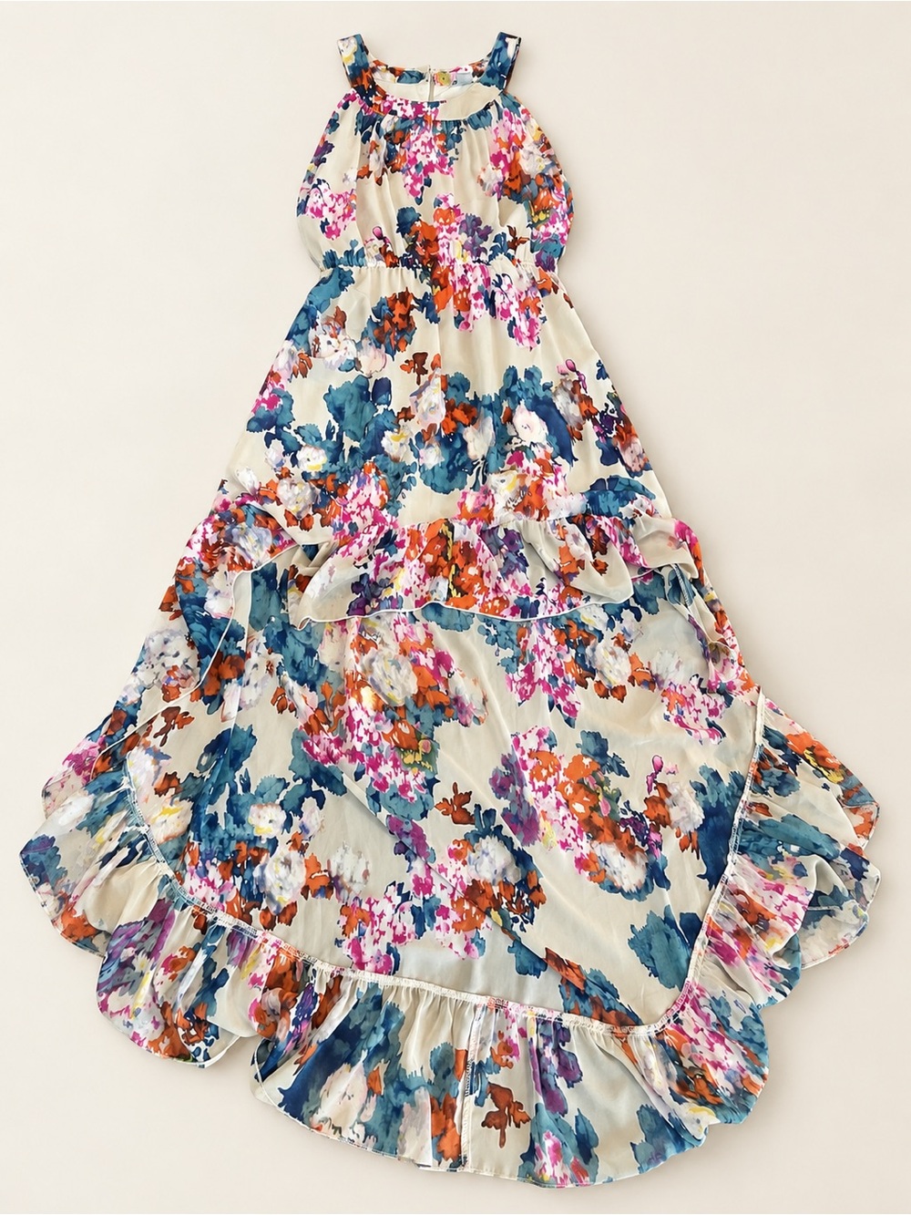 Bar III Floral High-Low Maxi Dress in Blue, Pink & Orange